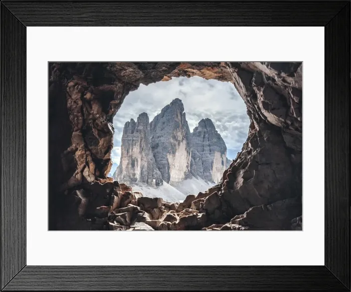 Framed Print : Tre Cime di Lavaredo (Drei Zinnen) views from a hole in the rock of the First World War