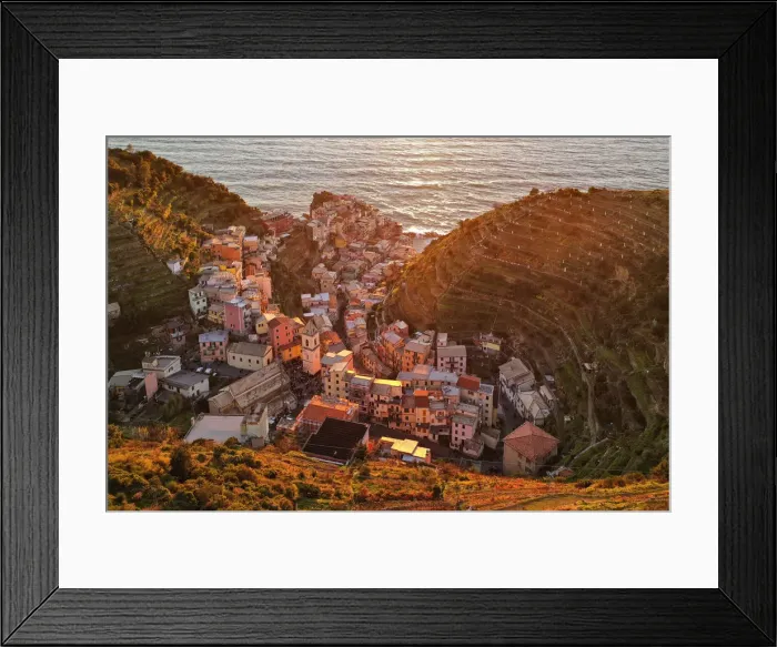Framed Print : aerial view of Manarola at sunset, national park of Cinque Terre, municipality of Framed Print : aerial view of Manarola at sunset, national park of Cinque Terre, municipality of