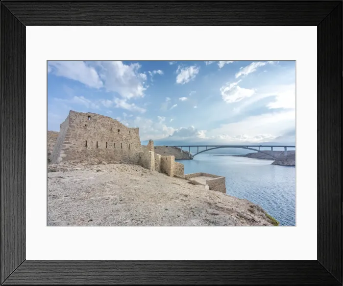 Framed Print : Fortica ruins and Paski most bridge, island of Pag, Zadar county, Dalmatia, Croatia Framed Print : Fortica ruins and Paski most bridge, island of Pag, Zadar county, Dalmatia, Croatia