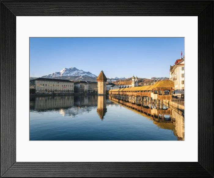 Framed Print : Lucerne, Switzerland. Kapellbrocke (Chapel Bridge) on Reuss river and mount Pilatus Framed Print : Lucerne, Switzerland. Kapellbrocke (Chapel Bridge) on Reuss river and mount Pilatus