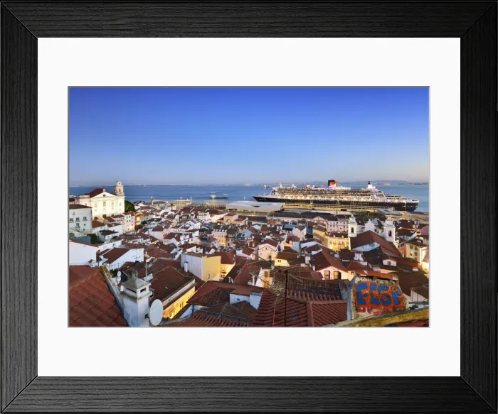 Framed Print : The iconic cruise ship Queen Mary II on the Tagus river facing the traditional moorish Framed Print : The iconic cruise ship Queen Mary II on the Tagus river facing the traditional moorish