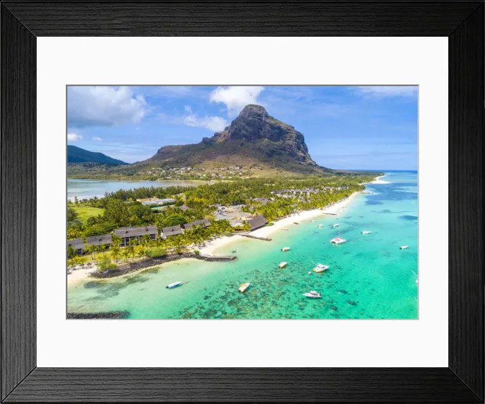 Framed Print : Aerial view of the beach of the Beachcomber Paradis Hotel, Le Morne Brabant Peninsula Framed Print : Aerial view of the beach of the Beachcomber Paradis Hotel, Le Morne Brabant Peninsula
