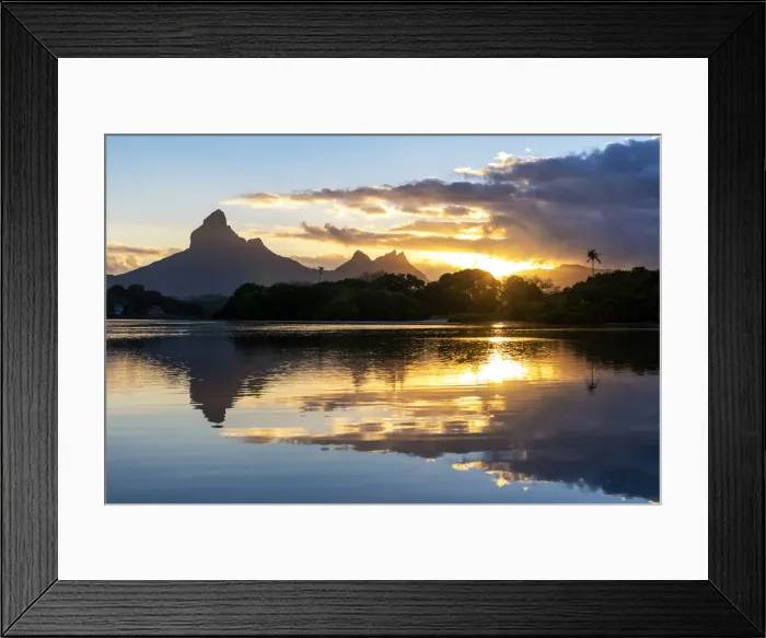 Framed Print : Rempart mountain reflected in Tamarin bay at sunrise Framed Print : Rempart mountain reflected in Tamarin bay at sunrise