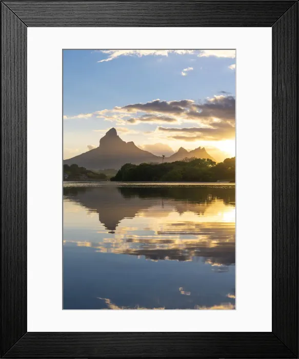 Framed Print : Rempart mountain reflected in Tamarin bay at sunrise Framed Print : Rempart mountain reflected in Tamarin bay at sunrise