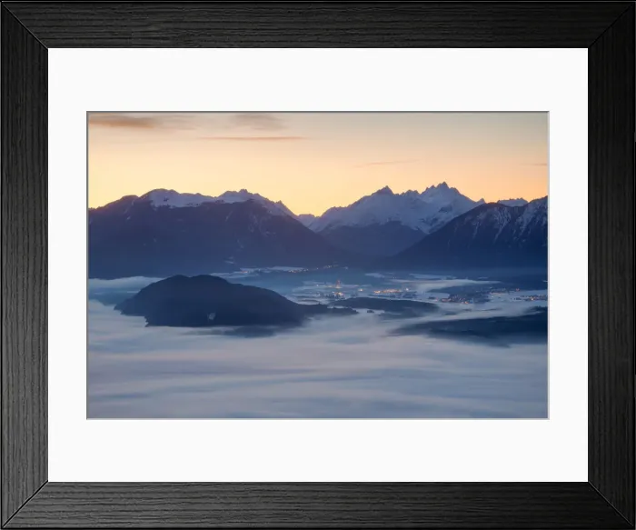 Framed Print : The Plateau of Mieming seen from MAosern at dusk, MAosern, Telfs, Innsbruck-Land, Tyrol