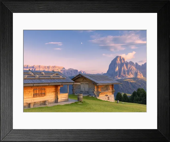 Framed Print : Traditional huts at sunset with Sassolungo and Sella Group in the background