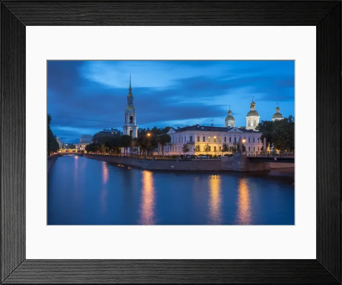 Framed Print : The bell tower and domes of Saint Nicholas Naval Cathedral on Griboyedov Canal at dusk Framed Print : The bell tower and domes of Saint Nicholas Naval Cathedral on Griboyedov Canal at dusk