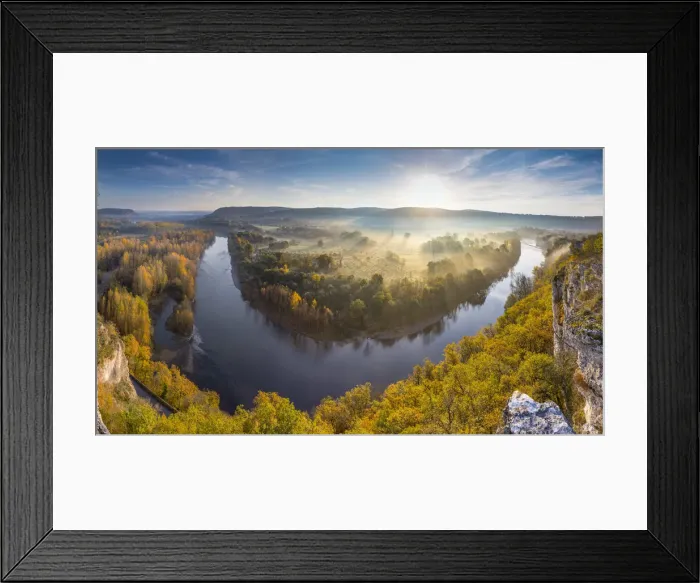 Framed Print : Aerial view of the Dordogne Valley & Dordogne river on a misty morning in autumn Framed Print : Aerial view of the Dordogne Valley & Dordogne river on a misty morning in autumn