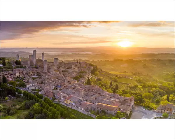 Italy, Tuscany, Val d Elsa. Aerial view of the medieval village of San Gimignano