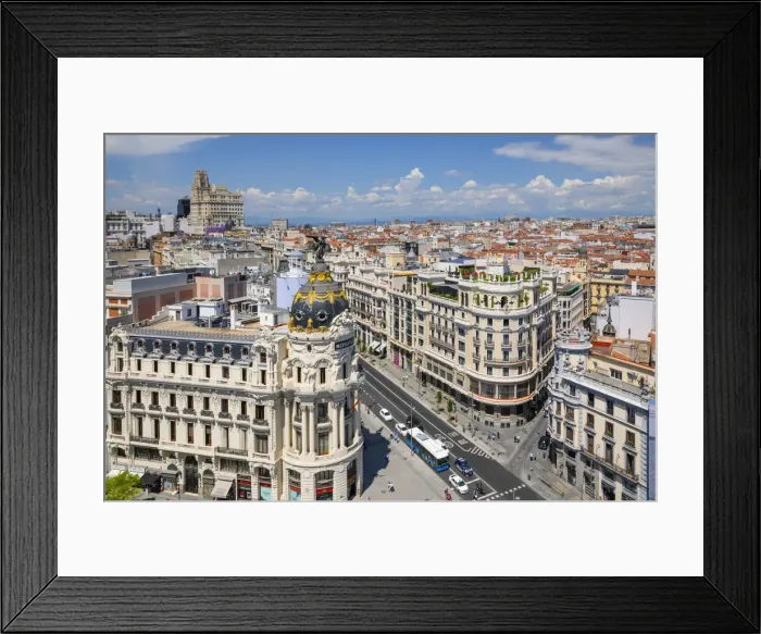 Framed Print : Elevated View of Metropolis Building, Grand Via and Madrid, Madrid, Spain Framed Print : Elevated View of Metropolis Building, Grand Via and Madrid, Madrid, Spain