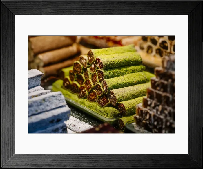Framed Print : baklava in a roll, typical oriental sweet pastry in bazaar at historical centre of Framed Print : baklava in a roll, typical oriental sweet pastry in bazaar at historical centre of