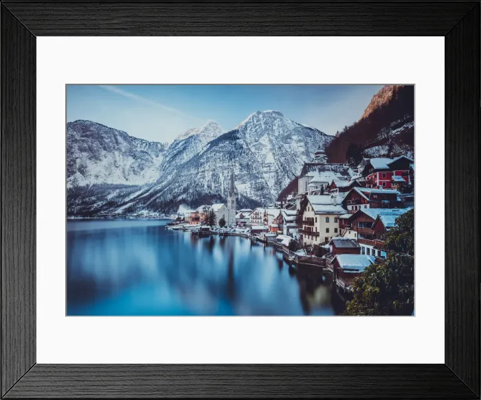 Framed Print : Typical village called Hallstatt con the Hallstatter see at sunrise with the houses