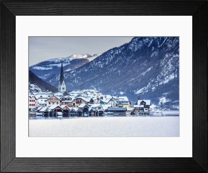 Framed Print : Typical village called Hallstatt con the Hallstatter see at sunrise with the houses Framed Print : Typical village called Hallstatt con the Hallstatter see at sunrise with the houses