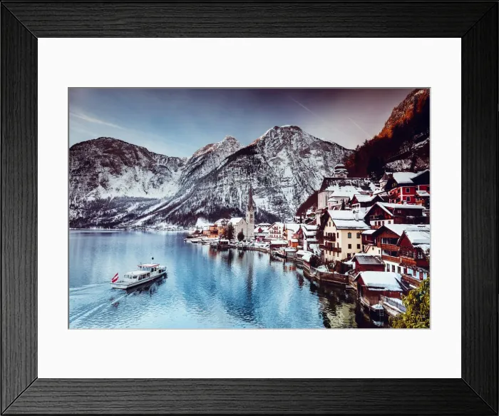 Framed Print : Typical village called Hallstatt con the Hallstatter see at sunrise with the houses