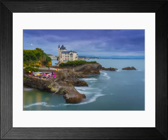 Framed Print : France, Aquitaine, Pyrenees Atlantiques, Biarritz. Old mansion on the cliffs at dusk Framed Print : France, Aquitaine, Pyrenees Atlantiques, Biarritz. Old mansion on the cliffs at dusk