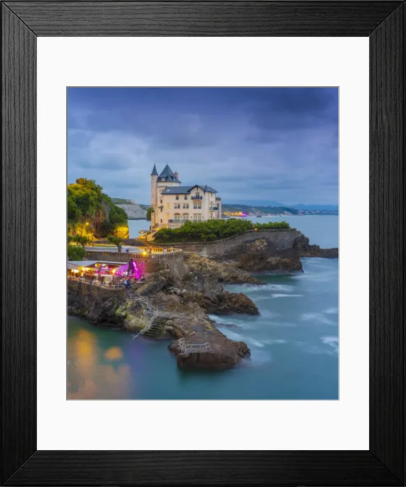 Framed Print : France, Aquitaine, Pyrenees Atlantiques, Biarritz. Old mansion on the cliffs at dusk Framed Print : France, Aquitaine, Pyrenees Atlantiques, Biarritz. Old mansion on the cliffs at dusk