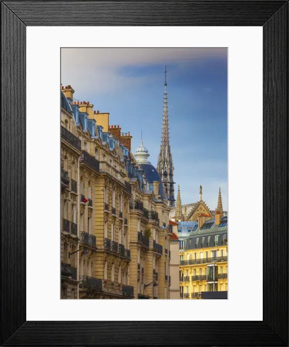 Framed Print : France, Paris, Notre Dame Cathedral, spire above rooftops Framed Print : France, Paris, Notre Dame Cathedral, spire above rooftops