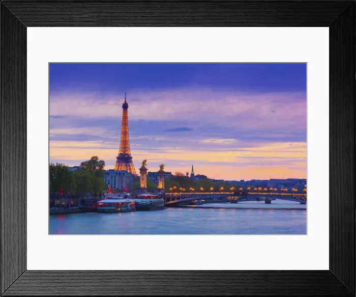 Framed Print : France, Paris, Eiffel Tower illuminated at night and river Seine Framed Print : France, Paris, Eiffel Tower illuminated at night and river Seine