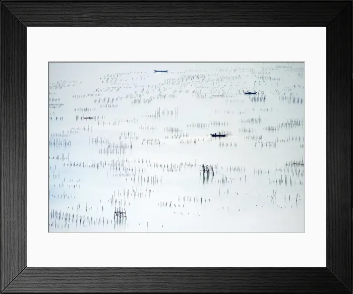 Framed Print : Fishing boats and oyster beds at Vanang An CAE, Phu Lanc District, Than'a Thin-Huau Province