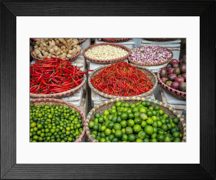 Framed Print : Chili peppers, limes and garlic for sale at Đồng Xuan Framed Print : Chili peppers, limes and garlic for sale at Đồng Xuan