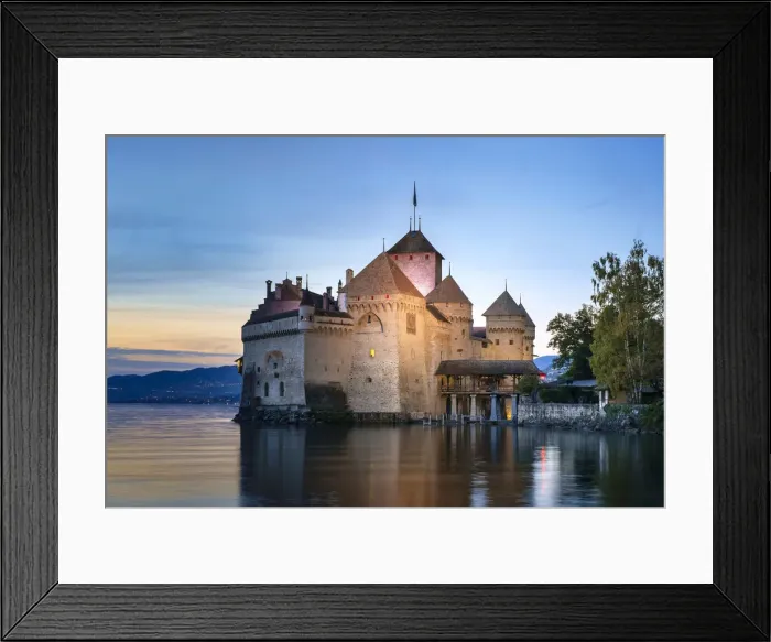 Framed Print : Chateau de Chillon on the shores of Lake Geneva (French: Lac LA man) after sunset, Veytaux Framed Print : Chateau de Chillon on the shores of Lake Geneva (French: Lac LA man) after sunset, Veytaux