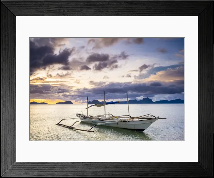 Framed Print : Outrigger boat at sunset on Dolarog Beach, El Nido, Palawan, Philippines Framed Print : Outrigger boat at sunset on Dolarog Beach, El Nido, Palawan, Philippines