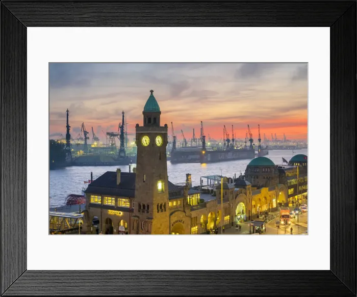Framed Print : St. Pauli Landungsbroken and the Elbe River at sunset, Hamburg, Germany Framed Print : St. Pauli Landungsbroken and the Elbe River at sunset, Hamburg, Germany