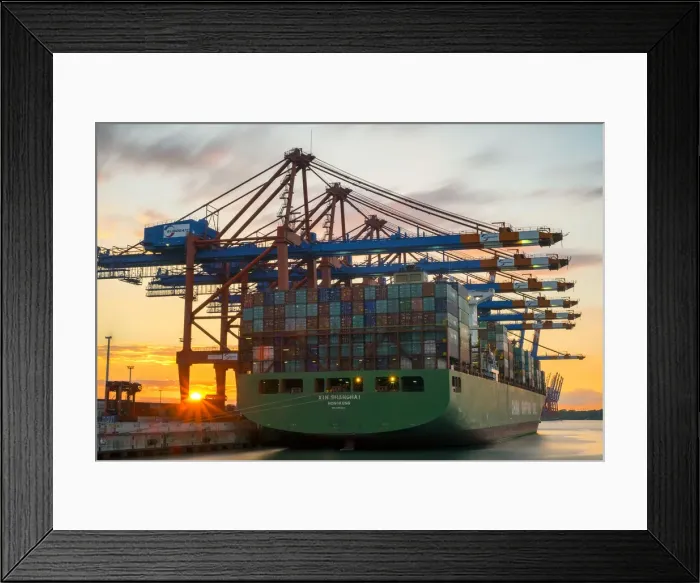 Framed Print : Cargo ship Xin Shanghai being loaded at Eurokai in Hamburg Harbor at sunset, Waltershofer Framed Print : Cargo ship Xin Shanghai being loaded at Eurokai in Hamburg Harbor at sunset, Waltershofer