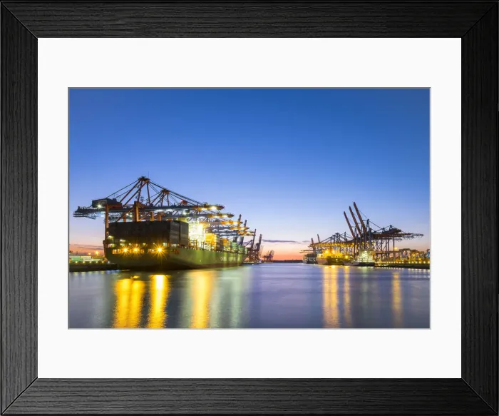 Framed Print : Cargo ships being loaded at Eurokai and Burchardkai in Hamburg Harbor at night, Waltershofer