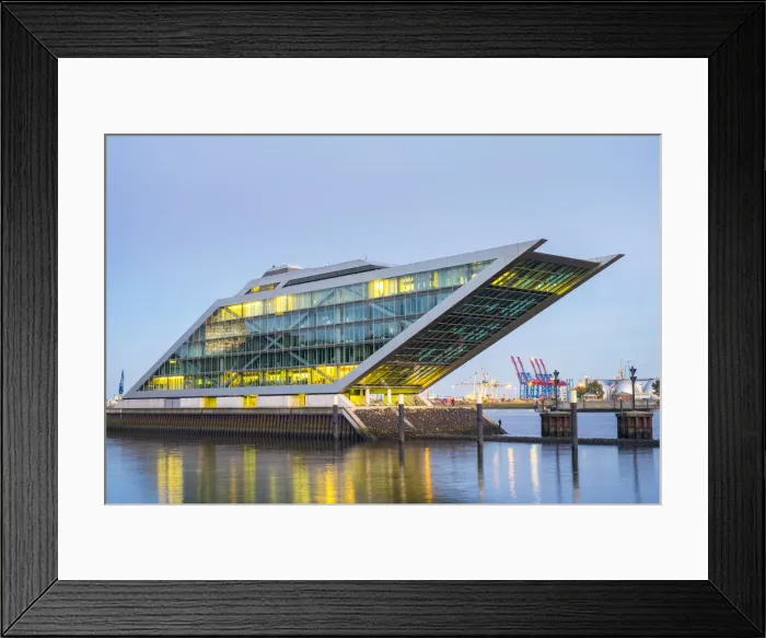 Framed Print : Dockland office building on the Elbe River after sunset, Altona-Altstadt, Hamburg Framed Print : Dockland office building on the Elbe River after sunset, Altona-Altstadt, Hamburg
