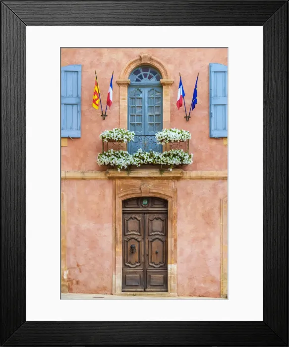 Framed Print : Colorful ochre colored faAzade of Mairie (mayors office) in Roussillon, Vaucluse