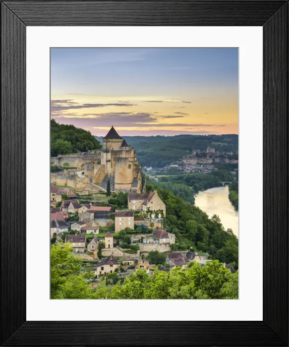Framed Print : Chateau de Castelnaud castle and village over Dordogne River valley at sunset Framed Print : Chateau de Castelnaud castle and village over Dordogne River valley at sunset