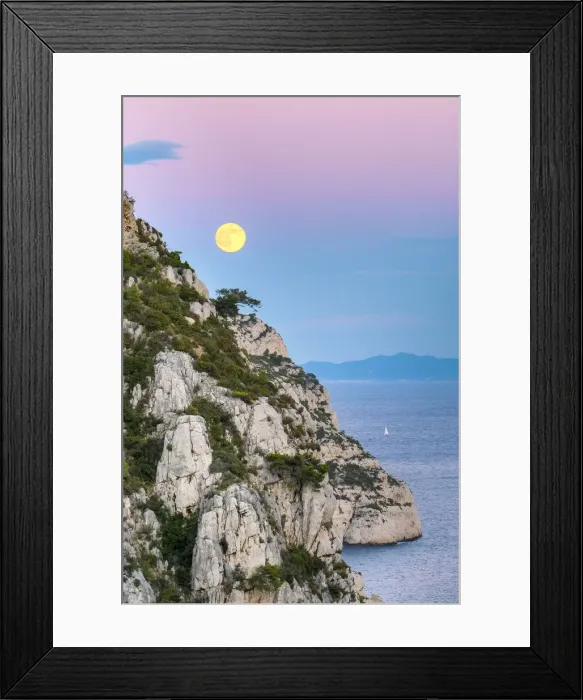Framed Print : Full moon rising over ocean and Mediterranean landscape at Calanque de Sugiton after Framed Print : Full moon rising over ocean and Mediterranean landscape at Calanque de Sugiton after
