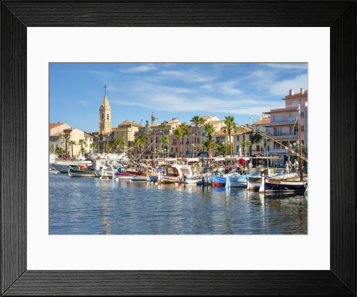 Framed Print : Port harbor filled with traditional wooden fishing boats at Sanary-sur-Mer, Var department Framed Print : Port harbor filled with traditional wooden fishing boats at Sanary-sur-Mer, Var department
