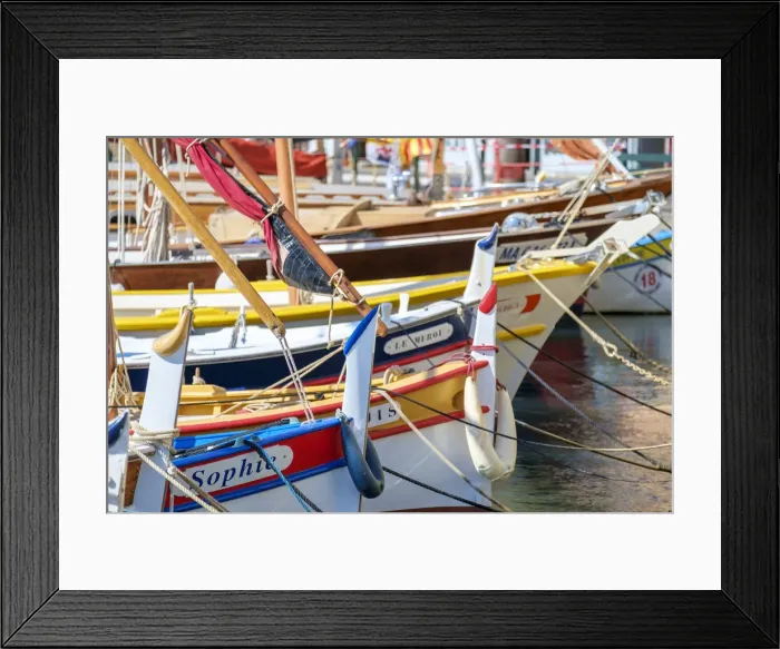 Framed Print : Traditional colorful wooden fishing boat in the port harbor at Sanary-sur-Mer, Var