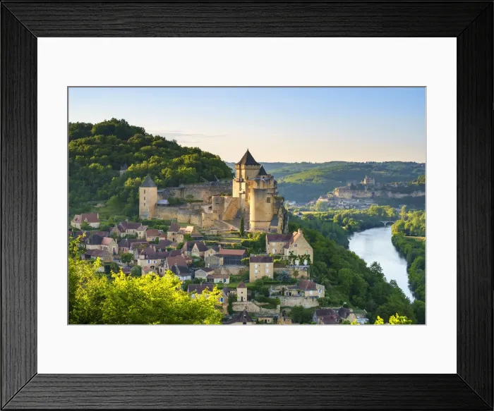 Framed Print : Chateau de Castelnaud castle and village over Dordogne River valley in late afternoon Framed Print : Chateau de Castelnaud castle and village over Dordogne River valley in late afternoon