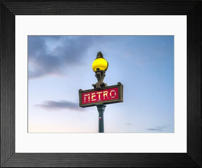 Framed Print : Illuminated Metro sign at sunrise, Paris, Ale-de-France, France Framed Print : Illuminated Metro sign at sunrise, Paris, Ale-de-France, France