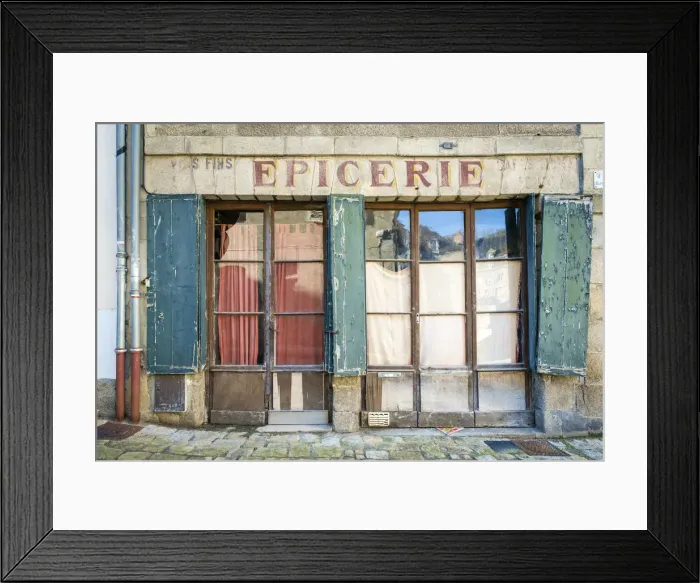 Framed Print : Abandoned storefront vintage painted sign of old Epicerie market store, Aubusson