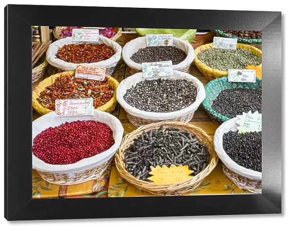 Spices for sale at a French farmers market on Place des Precheurs