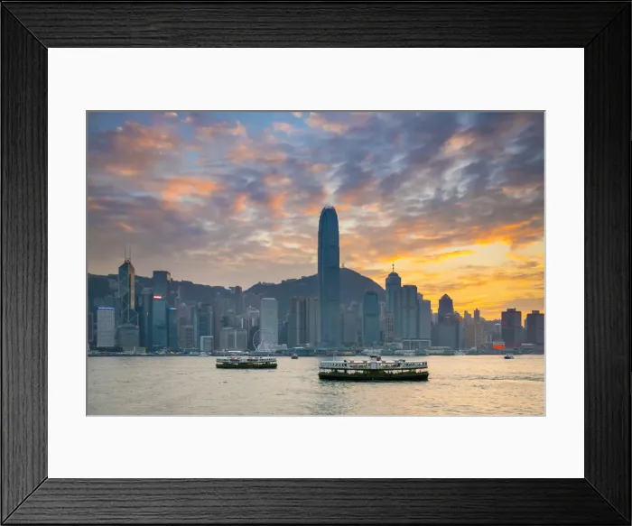 Framed Print : Hong Kong skyline, skyscrapers on Hong Kong Island skyline at sunset seen from Tsim Framed Print : Hong Kong skyline, skyscrapers on Hong Kong Island skyline at sunset seen from Tsim