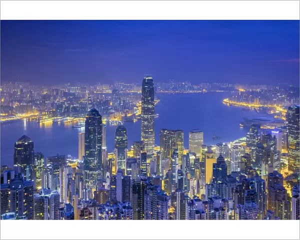 Skyscrapers in central Hong Kong seen from The Peak at dawn, Hong Kong Island, Hong Kong
