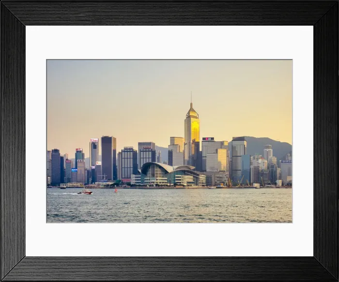 Framed Print : Wan Chai district and Hong Kong Convention and Exhibition Centre at sunset, Wan Chai