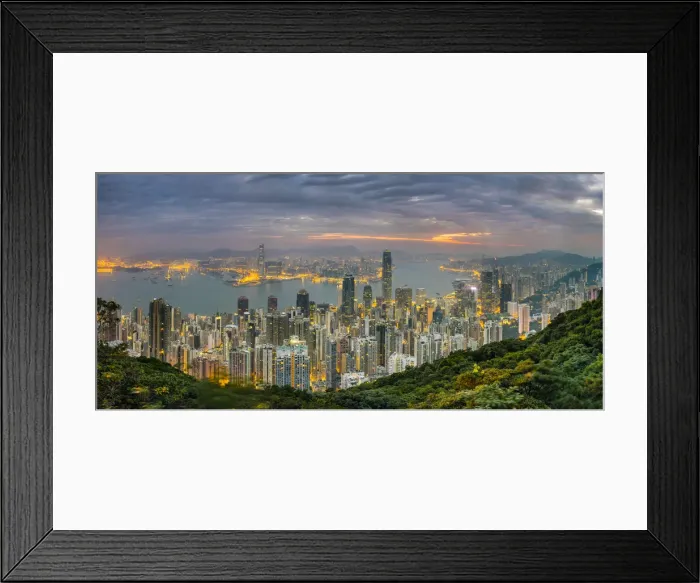 Framed Print : Panoramic view of Hong Kong skyline at dawn from Lugard Road on Victoria Peak, Hong Framed Print : Panoramic view of Hong Kong skyline at dawn from Lugard Road on Victoria Peak, Hong