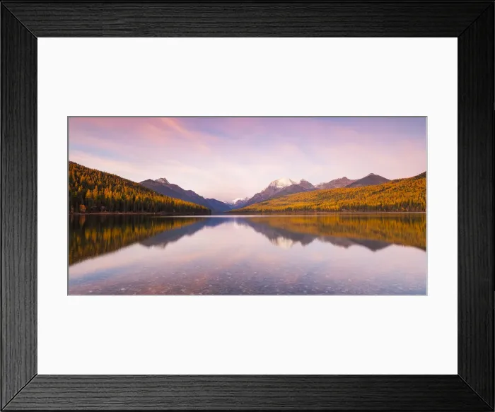 Framed Print : Autumn colours at sunset on Bowman Lake, Glacier National Park, Montana, USA