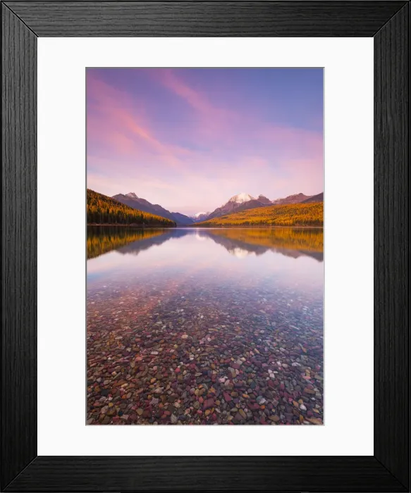 Framed Print : Autumn colours at sunset on Bowman Lake, Glacier National Park, Montana, USA