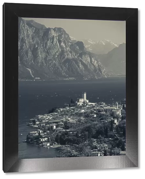 Italy, Veneto, Lake District, Lake Garda, Malcesine, aerial town view