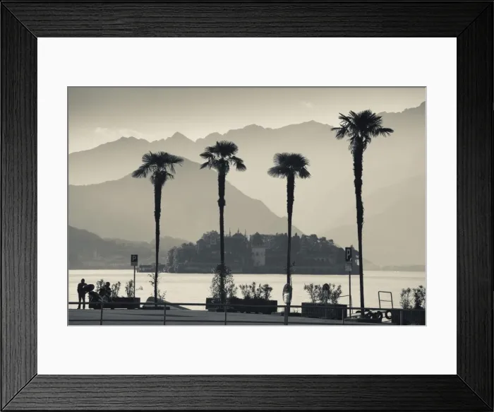 Framed Print : Italy, Piedmont, Lake Maggiore, Borromean Islands, Stresa, lakefront palms with Isola Bella Framed Print : Italy, Piedmont, Lake Maggiore, Borromean Islands, Stresa, lakefront palms with Isola Bella