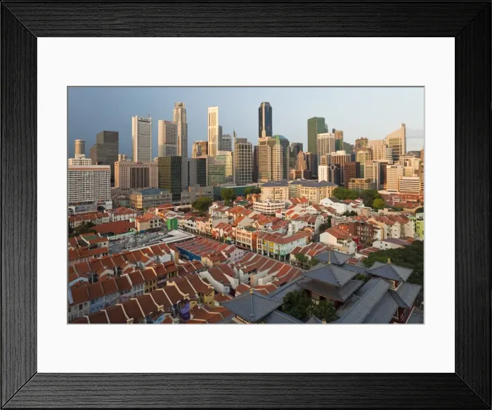 Framed Print : Elevated view over Chinatown, the new Buddha Tooth Relic temple and modern city skyline