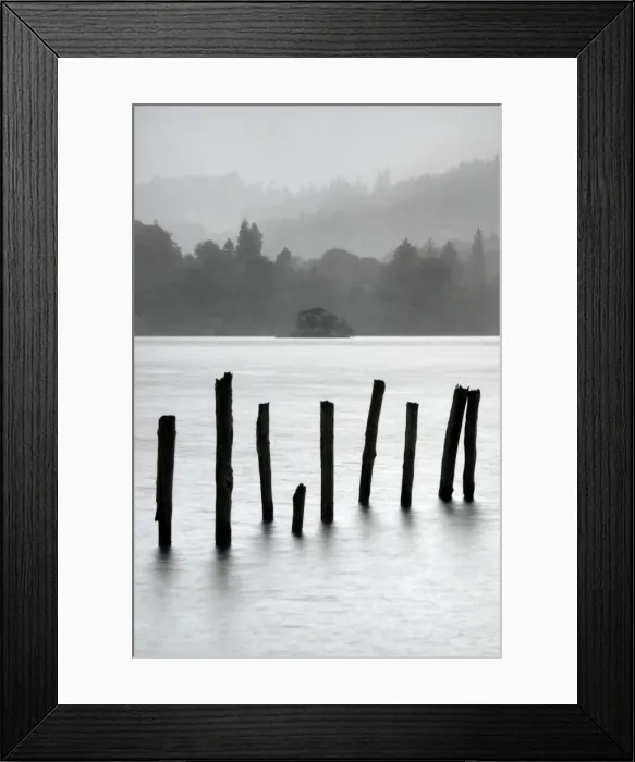Framed Print : Remains of jetty in the mist, Derwentwater, Cumbria, England, UK Framed Print : Remains of jetty in the mist, Derwentwater, Cumbria, England, UK