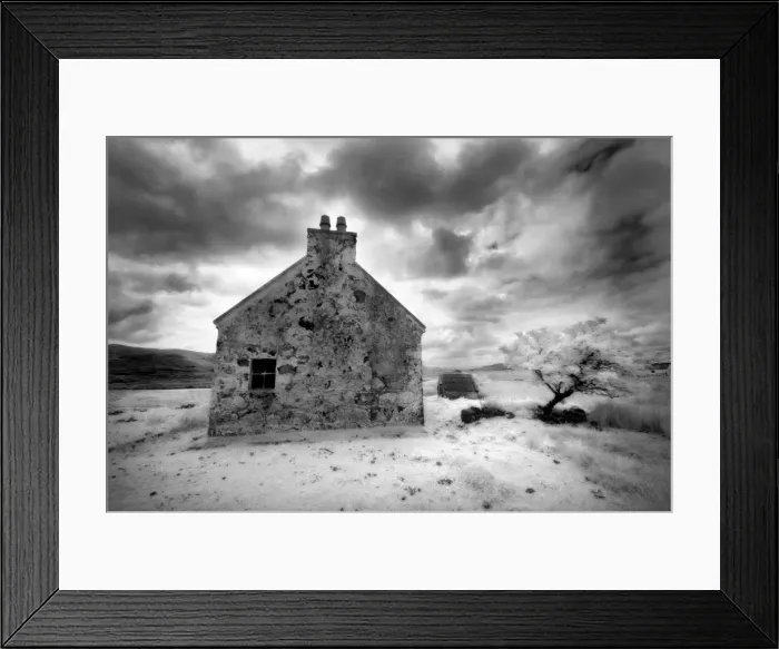 Framed Print : Infrared image of a derelict farmhouse near Arivruach, Isle of Lewis, Hebrides